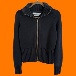 00's vintage dark gray 100% cotton knit y2k zip up sweater LARGE Tommy hilfiger